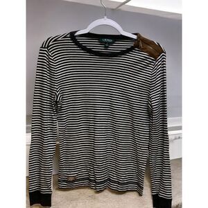 Lauren Ralph Lauren women's medium black white stripe FAUX suede elbow patch top